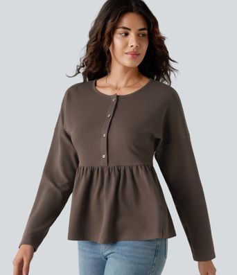 Henley Long Sleeve Waffle Casual Babydoll Top