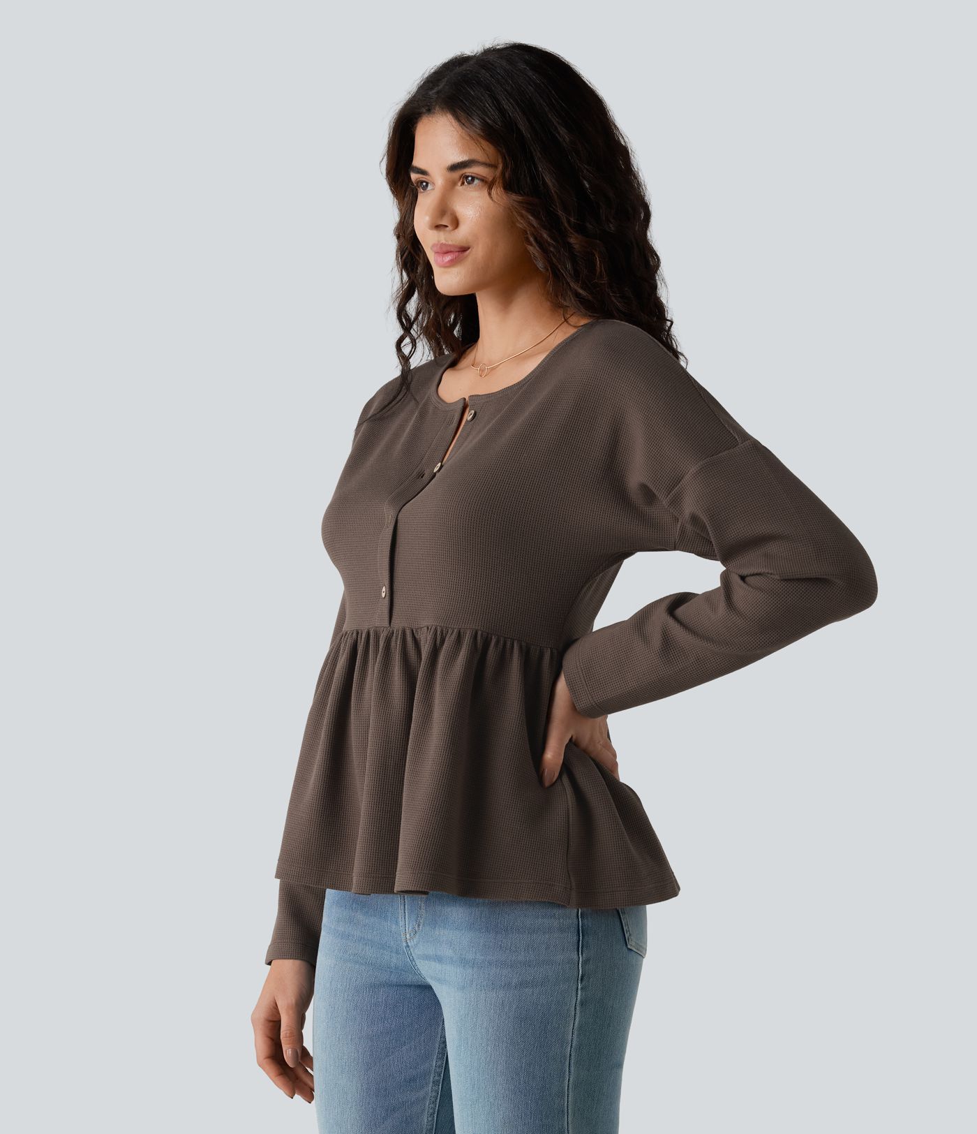 Henley Long Sleeve Waffle Casual Babydoll Top