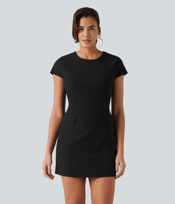Round Neck Cap Sleeve Invisible Zipper Bodycon Mini Work Dress with Pockets