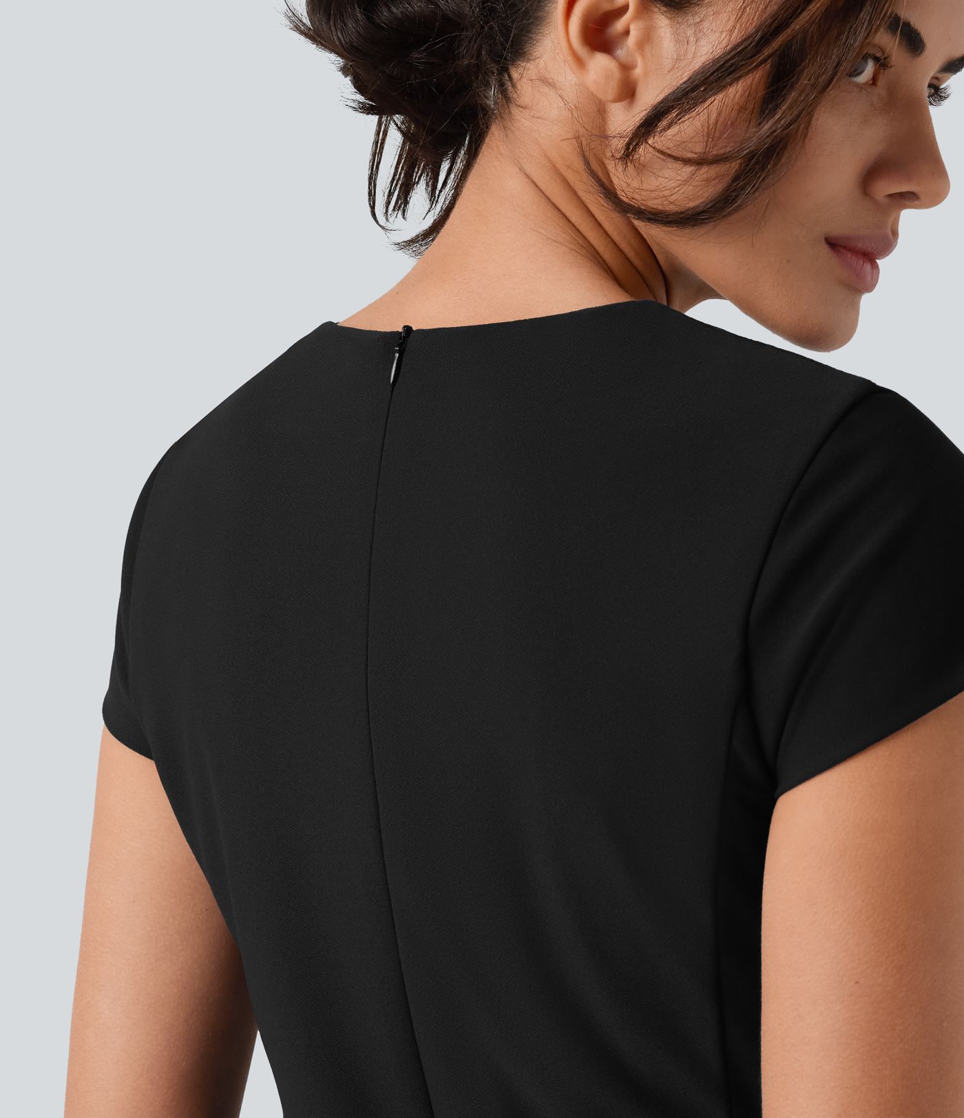 Round Neck Cap Sleeve Invisible Zipper Bodycon Mini Work Dress with Pockets