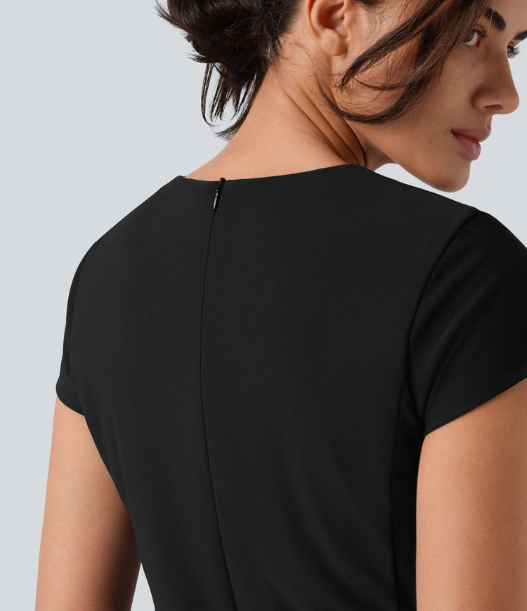 Round Neck Cap Sleeve Invisible Zipper Bodycon Mini Work Dress with Pockets