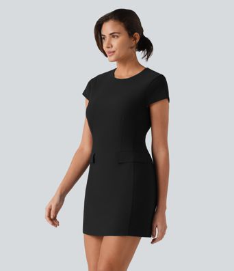 Round Neck Cap Sleeve Invisible Zipper Bodycon Mini Work Dress with Pockets