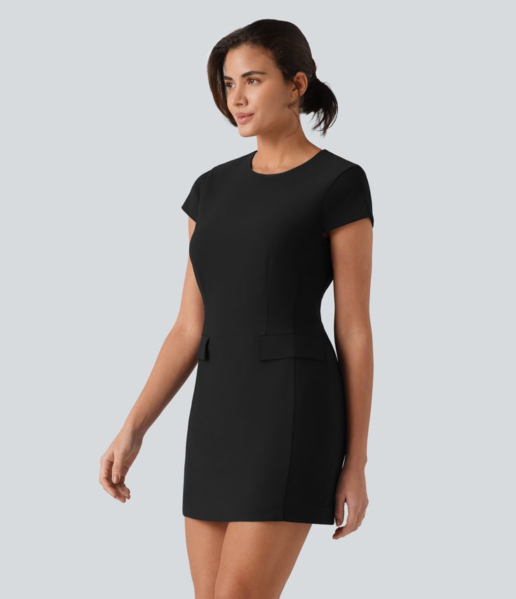 Round Neck Cap Sleeve Invisible Zipper Bodycon Mini Work Dress with Pockets