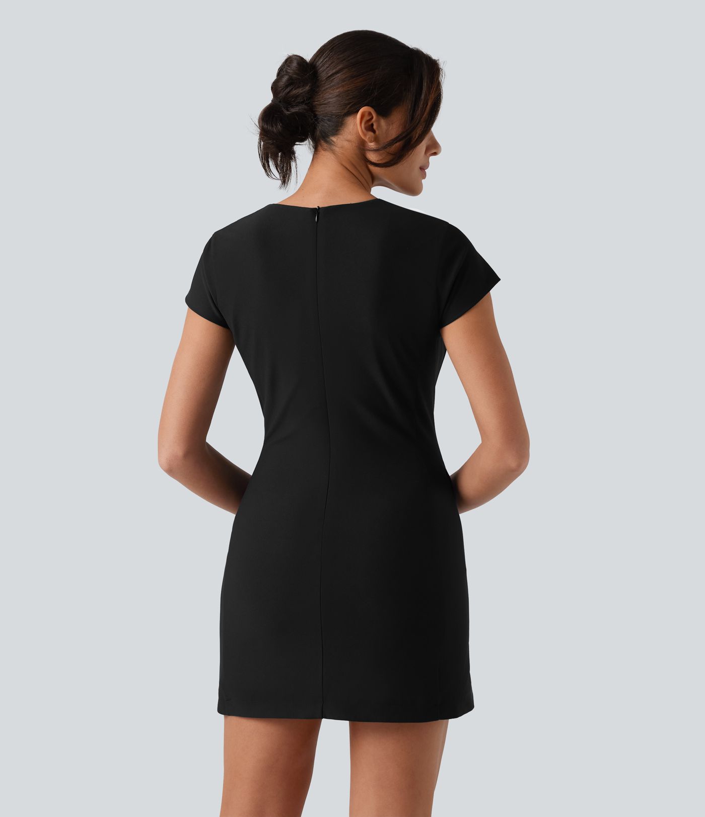 Round Neck Cap Sleeve Invisible Zipper Bodycon Mini Work Dress with Pockets
