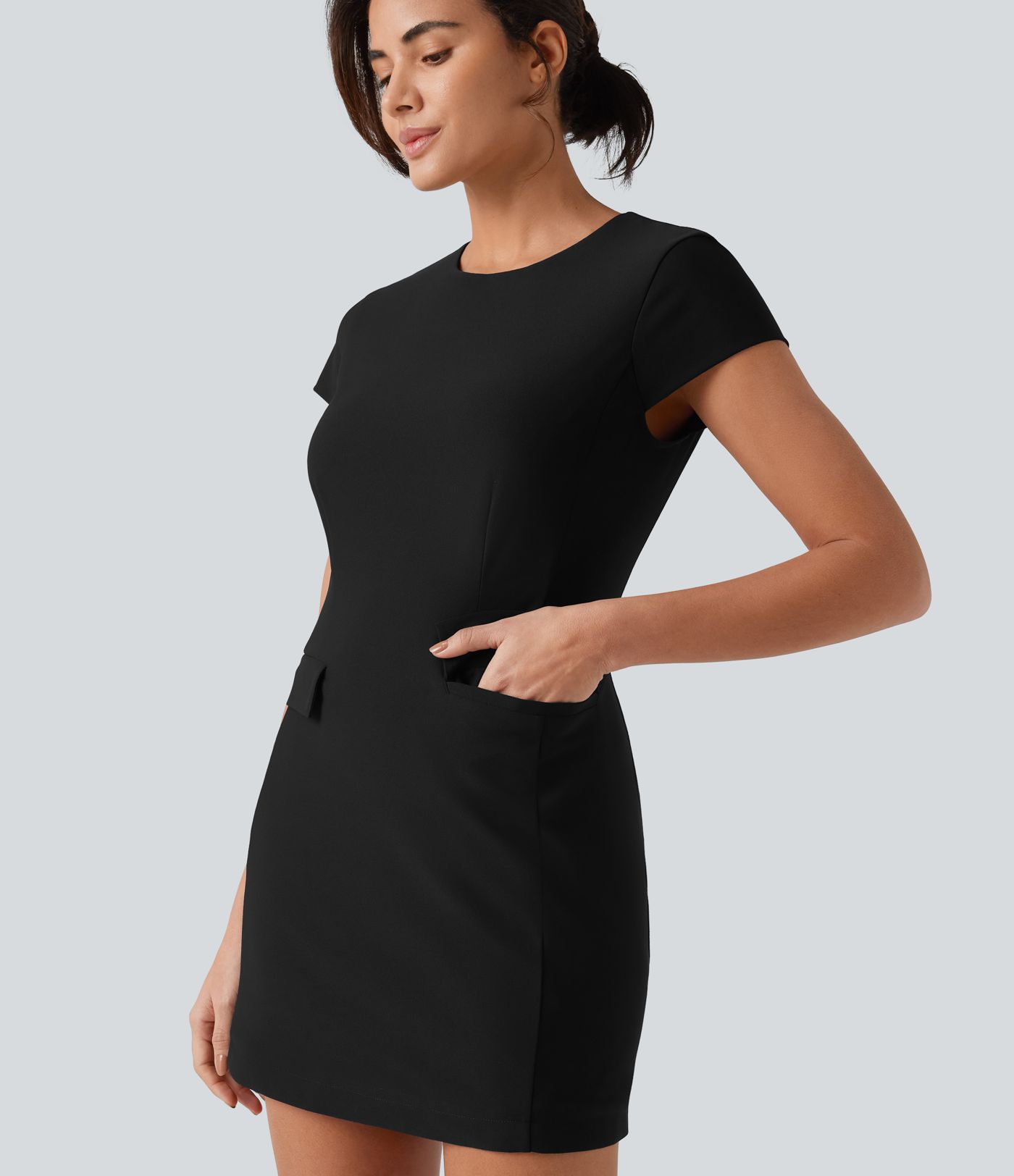 Round Neck Cap Sleeve Invisible Zipper Bodycon Mini Work Dress with Pockets