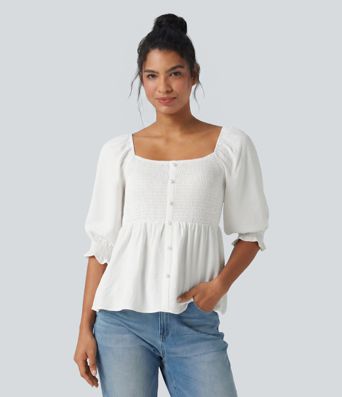 Square Neck Puff Half Sleeve Shirred Casual Babydoll Blouse