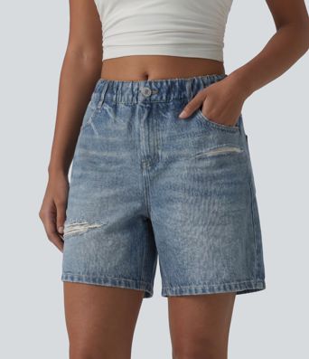 Mid Rise Denim Print French Terry Casual Sweat Shorts 5'' with Pockets