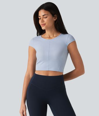 Ribbed Knit Round Neck Short Sleeve Cropped Yoga Sports Top