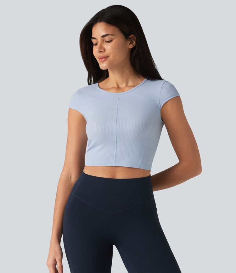 Ribbed Knit Round Neck Short Sleeve Cropped Yoga Sports Top