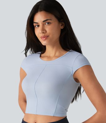 Ribbed Knit Round Neck Short Sleeve Cropped Yoga Sports Top