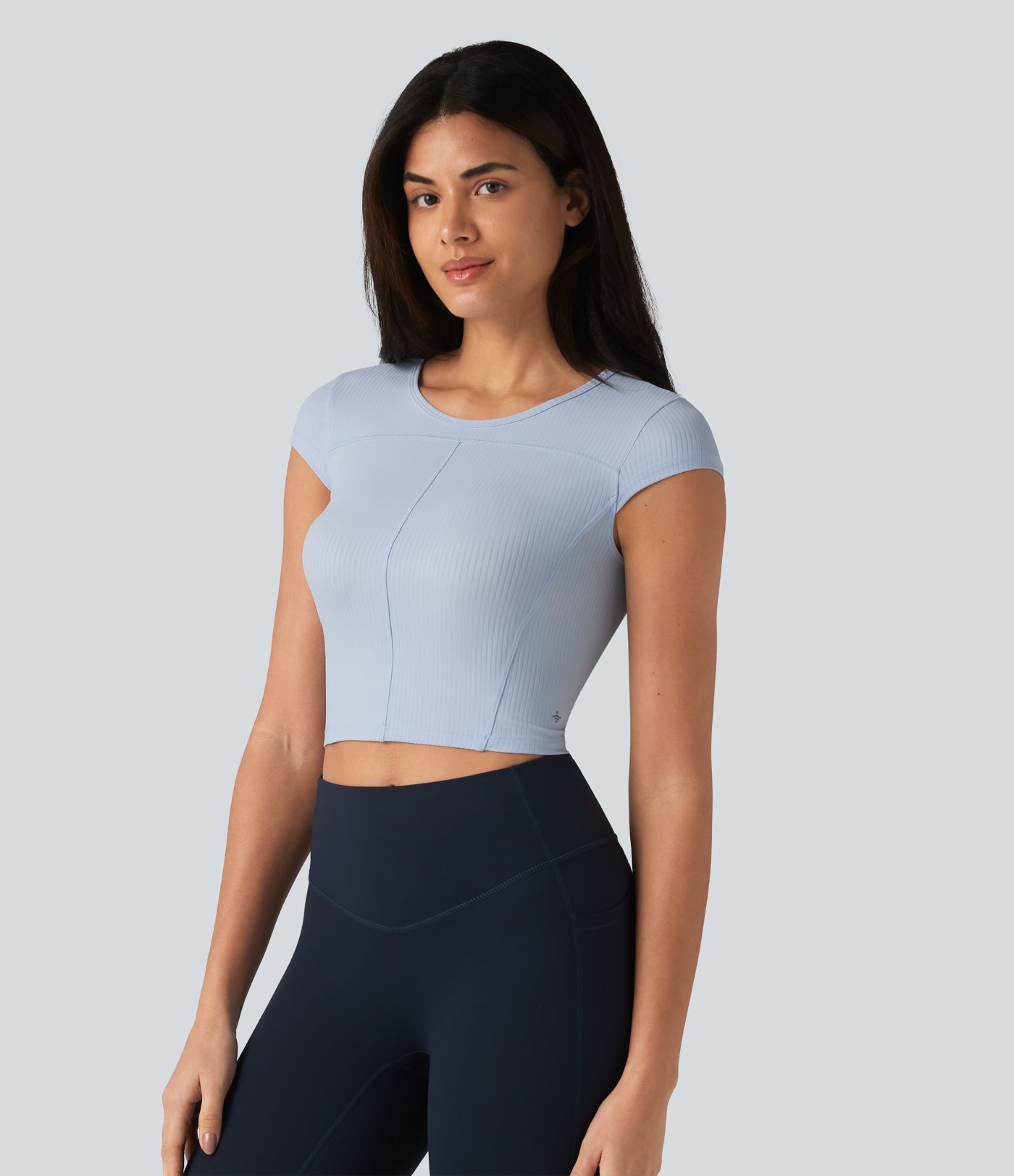 Ribbed Knit Round Neck Short Sleeve Cropped Yoga Sports Top