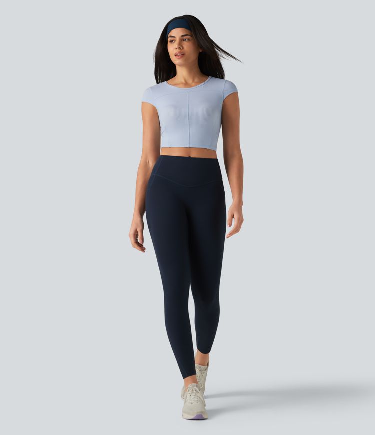 Ribbed Knit Round Neck Short Sleeve Cropped Yoga Sports Top