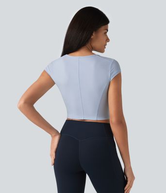 Ribbed Knit Round Neck Short Sleeve Cropped Yoga Sports Top