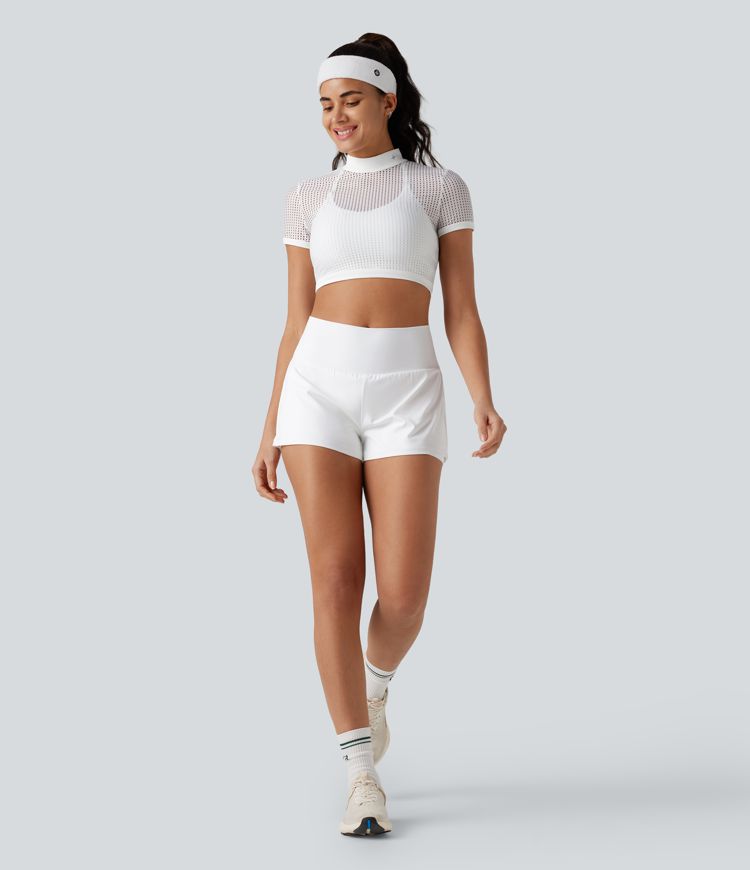Mock Neck Short Sleeve Eyelet Cropped Running Sports Top-No Sports Bra Included