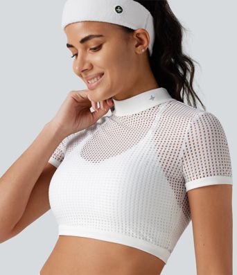 Mock Neck Short Sleeve Eyelet Cropped Running Sports Top-No Sports Bra Included