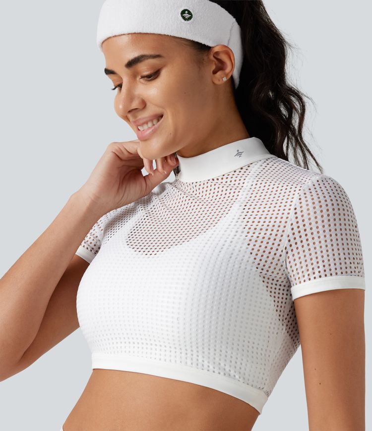 Mock Neck Short Sleeve Eyelet Cropped Running Sports Top-No Sports Bra Included