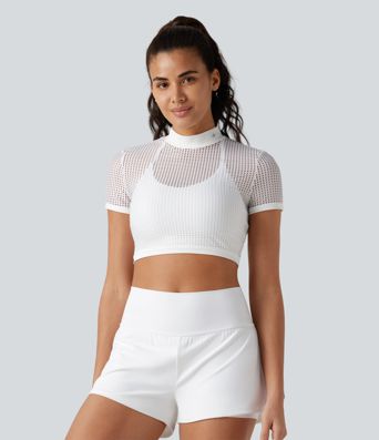 Mock Neck Short Sleeve Eyelet Cropped Running Sports Top-No Sports Bra Included