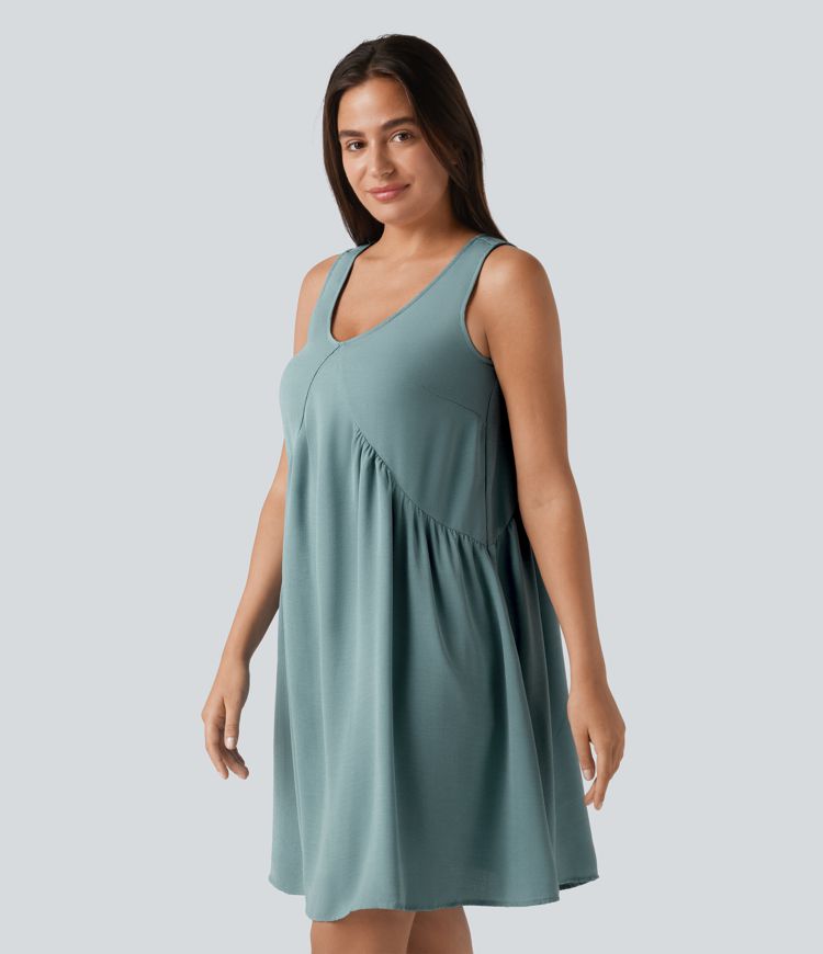 V Neck Built-in Bra Sleeveless Mini Linen-Feel Dress