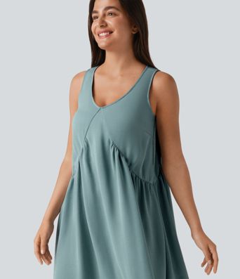 V Neck Built-in Bra Sleeveless Mini Linen-Feel Dress