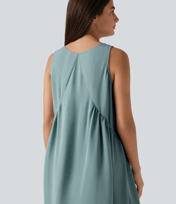 V Neck Built-in Bra Sleeveless Mini Linen-Feel Dress