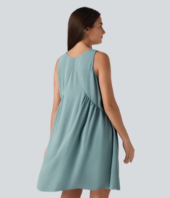 V Neck Built-in Bra Sleeveless Mini Linen-Feel Dress