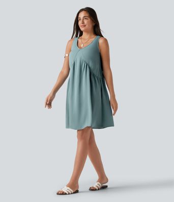 V Neck Built-in Bra Sleeveless Mini Linen-Feel Dress