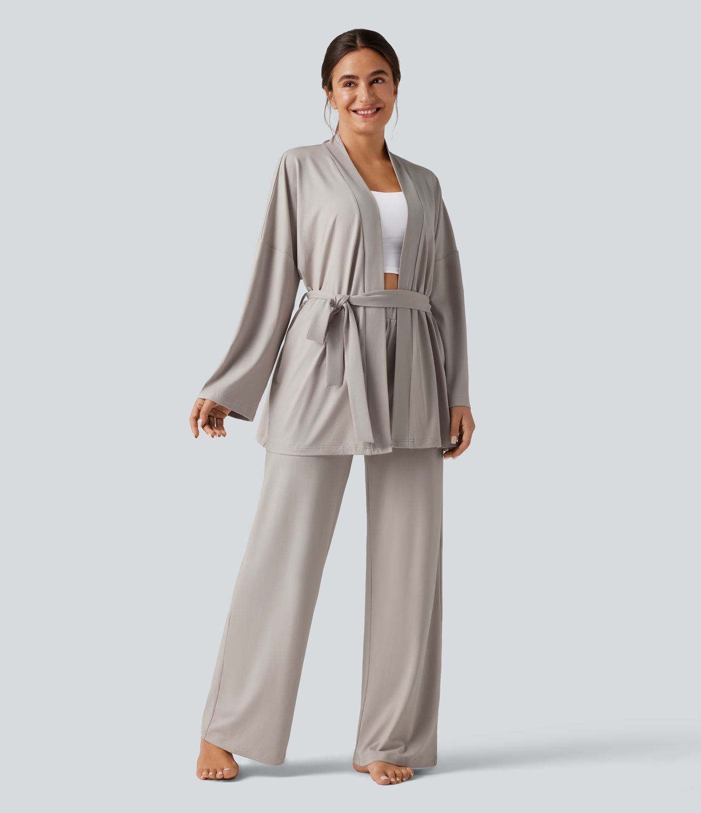 Open Front Long Sleeve Belted Lounge Top