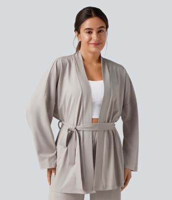 Open Front Long Sleeve Belted Lounge Top