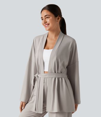Open Front Long Sleeve Belted Lounge Top