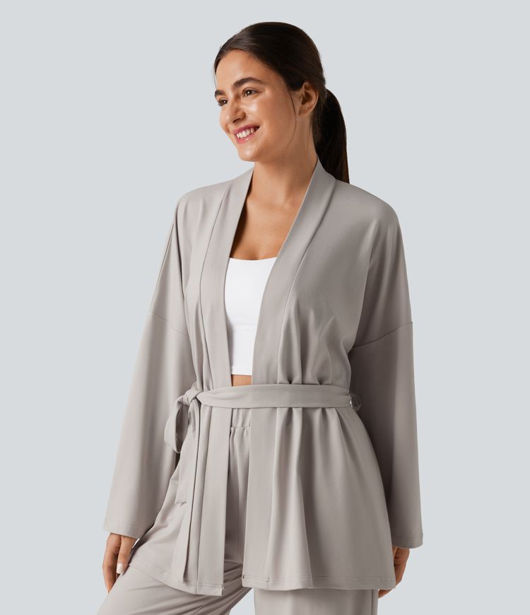 Open Front Long Sleeve Belted Lounge Top