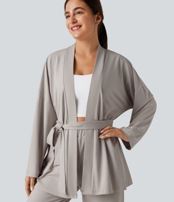 Open Front Long Sleeve Belted Lounge Top