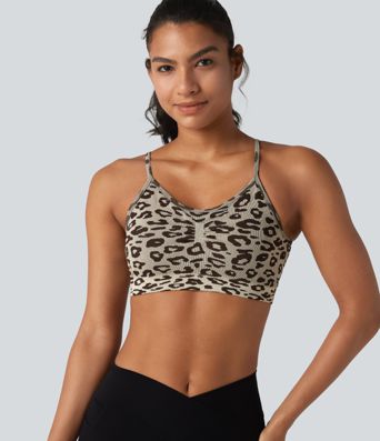 OneForm Seamless Flow, estampado de leopardo, tirantes ajustables, fruncido, sujetador incorporado, sujetador deportivo para yoga
