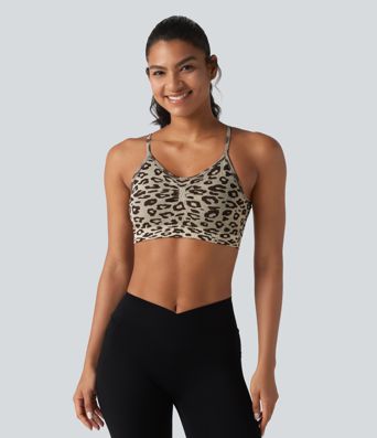 OneForm Seamless Flow, estampado de leopardo, tirantes ajustables, fruncido, sujetador incorporado, sujetador deportivo para yoga