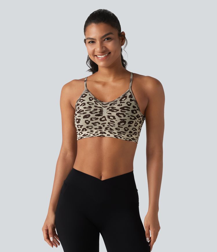 OneForm Seamless Flow, estampado de leopardo, tirantes ajustables, fruncido, sujetador incorporado, sujetador deportivo para yoga