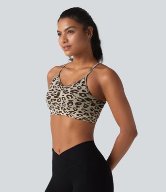 OneForm Seamless Flow, estampado de leopardo, tirantes ajustables, fruncido, sujetador incorporado, sujetador deportivo para yoga