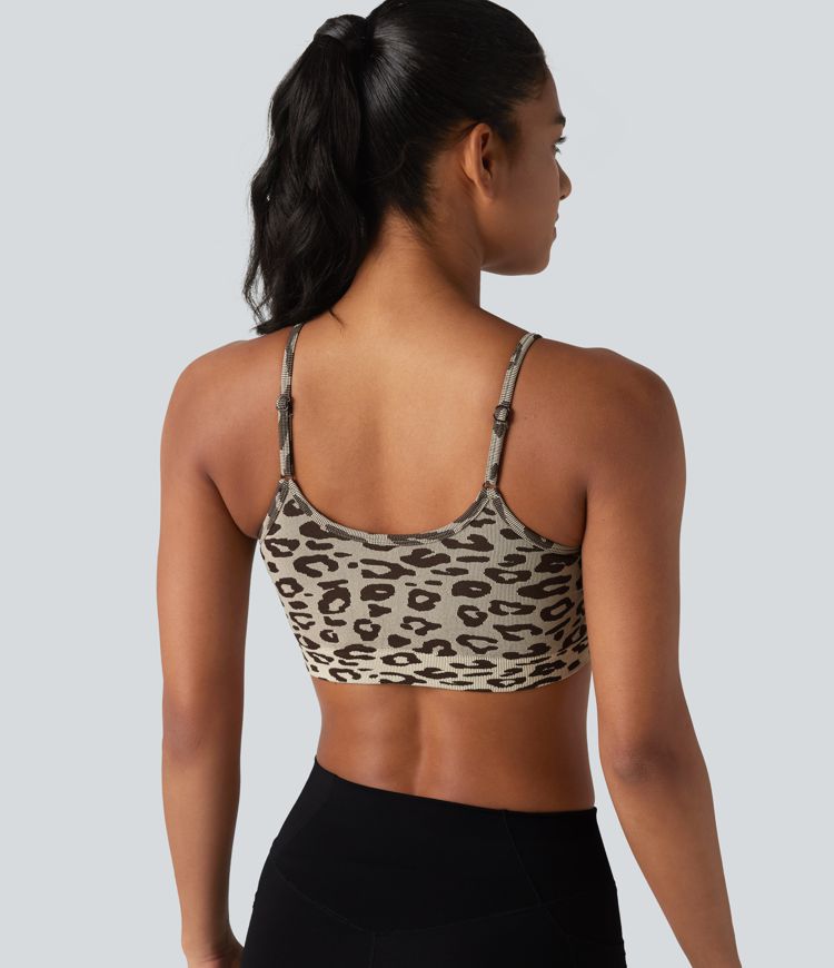 OneForm Seamless Flow, estampado de leopardo, tirantes ajustables, fruncido, sujetador incorporado, sujetador deportivo para yoga