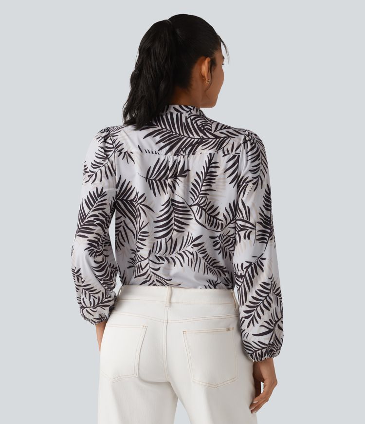 V Neck Long Sleeve Tropical Botanical Print Work Blouse
