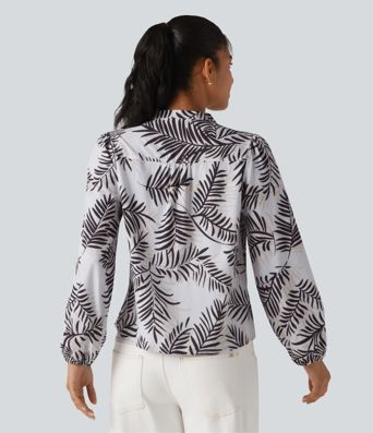 V Neck Long Sleeve Tropical Botanical Print Work Blouse