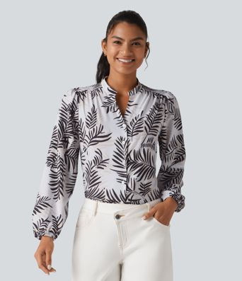 V Neck Long Sleeve Tropical Botanical Print Work Blouse