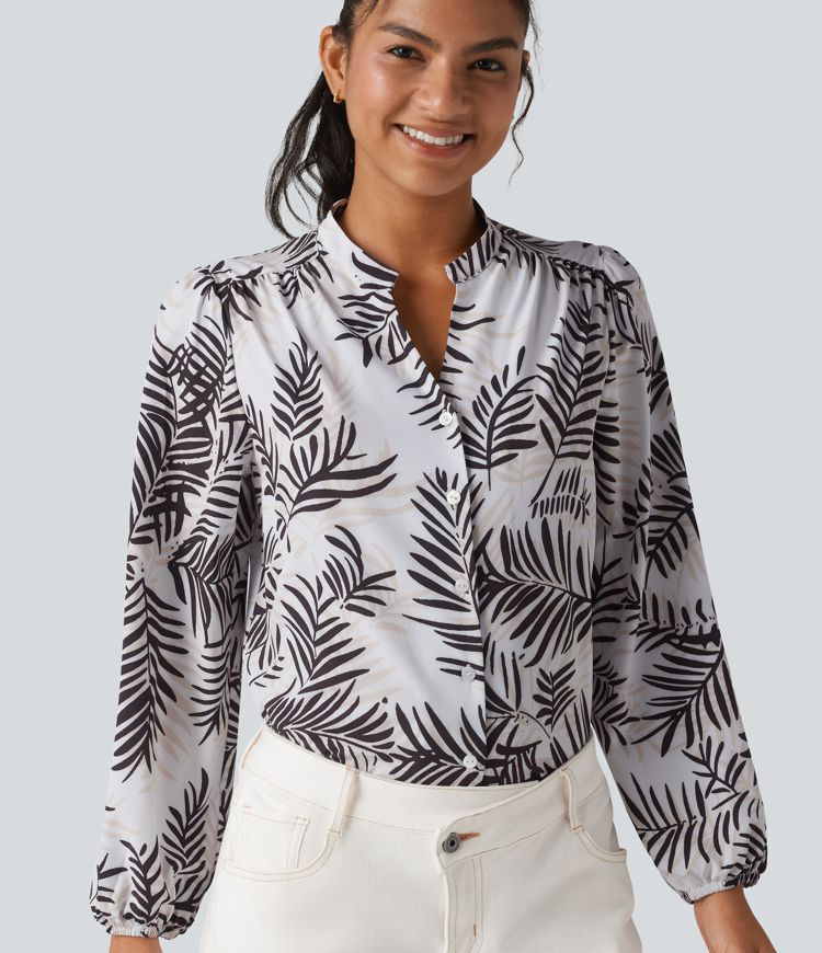 V Neck Long Sleeve Tropical Botanical Print Work Blouse