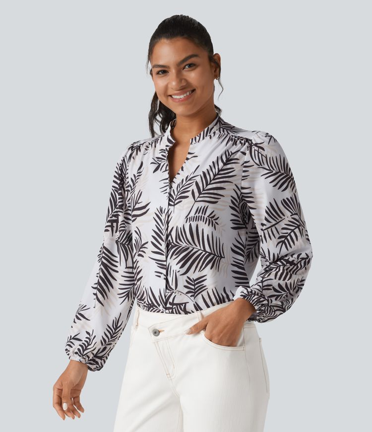 V Neck Long Sleeve Tropical Botanical Print Work Blouse
