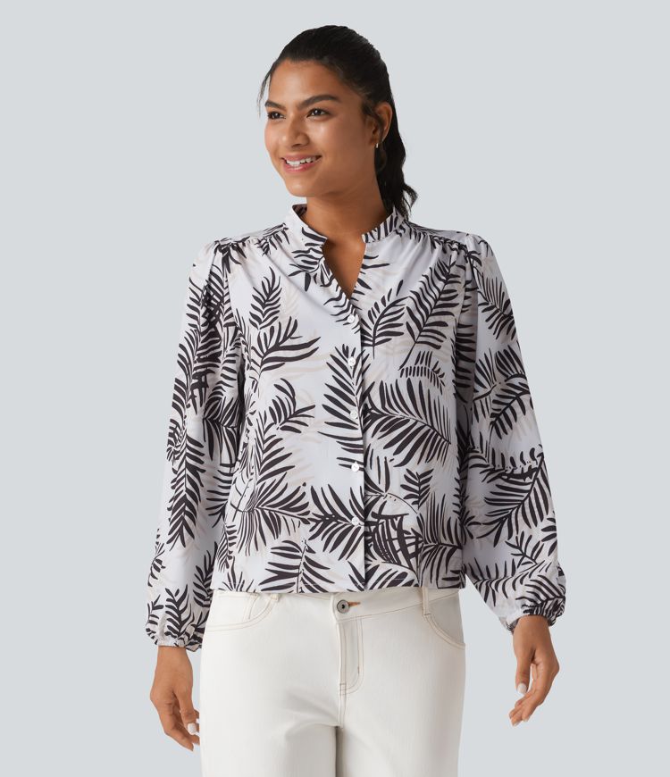V Neck Long Sleeve Tropical Botanical Print Work Blouse