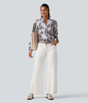 V Neck Long Sleeve Tropical Botanical Print Work Blouse