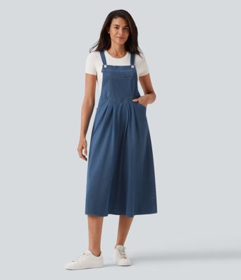 Halara Flex™ Square Neck Denim Midi Casual Dress with Pockets