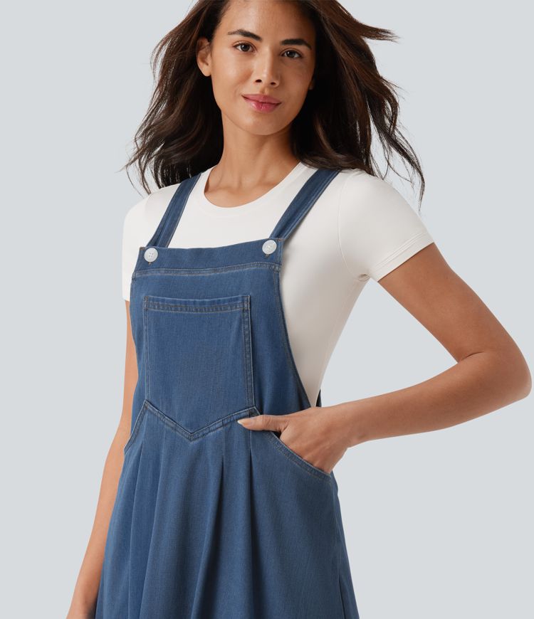 Halara Flex™ Square Neck Denim Midi Casual Dress with Pockets