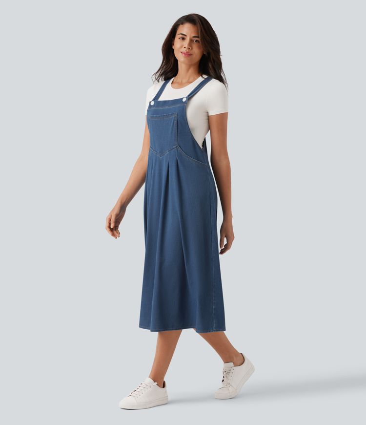 Halara Flex™ Square Neck Denim Midi Casual Dress with Pockets
