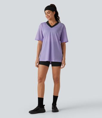 V-neck Color Block Breathable Mesh Loose Fit Training Sports Top
