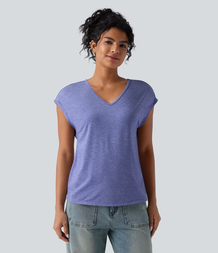 V Neck Short Sleeve Relaxed Heathered Casual T-Shirt