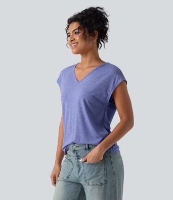 V Neck Short Sleeve Relaxed Heathered Casual T-Shirt