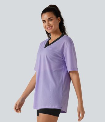 V-neck Color Block Breathable Mesh Loose Fit Training Sports Top